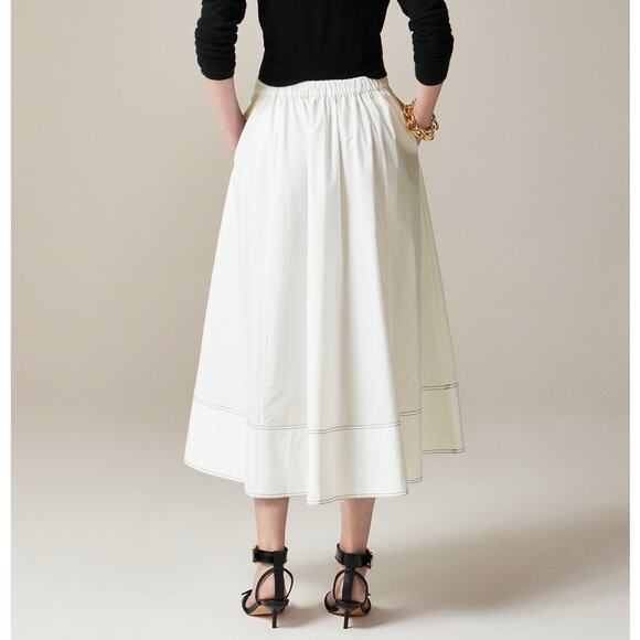 J.Crew Christina Midi Skirt 10 White Contrast Stitch Cotton Poplin Elastic Waist - Picture 2 of 7